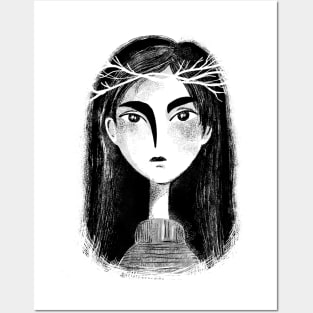 Black and white portrait of a girl with branches in her hair Posters and Art